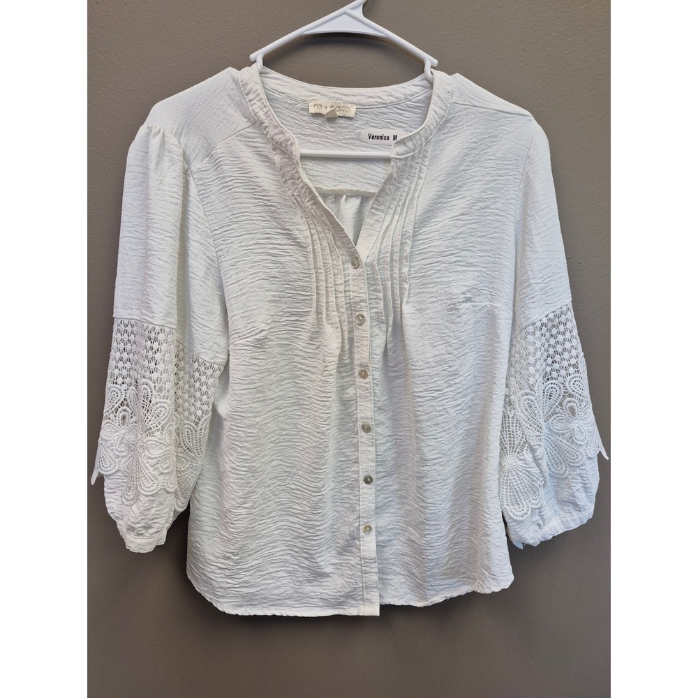 Fig & Flower Women's Large White Lace Sleeve Peasant Boho Cottagecore Blouse Top